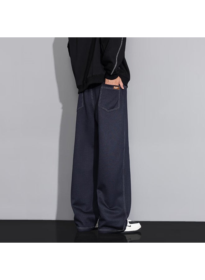 Dingfengbaoluo Men's American Style Straight Leg Jeans Spring Loose Wide Leg Solid Color Casual Pants Xyq50 Blue 3XL - Image 4