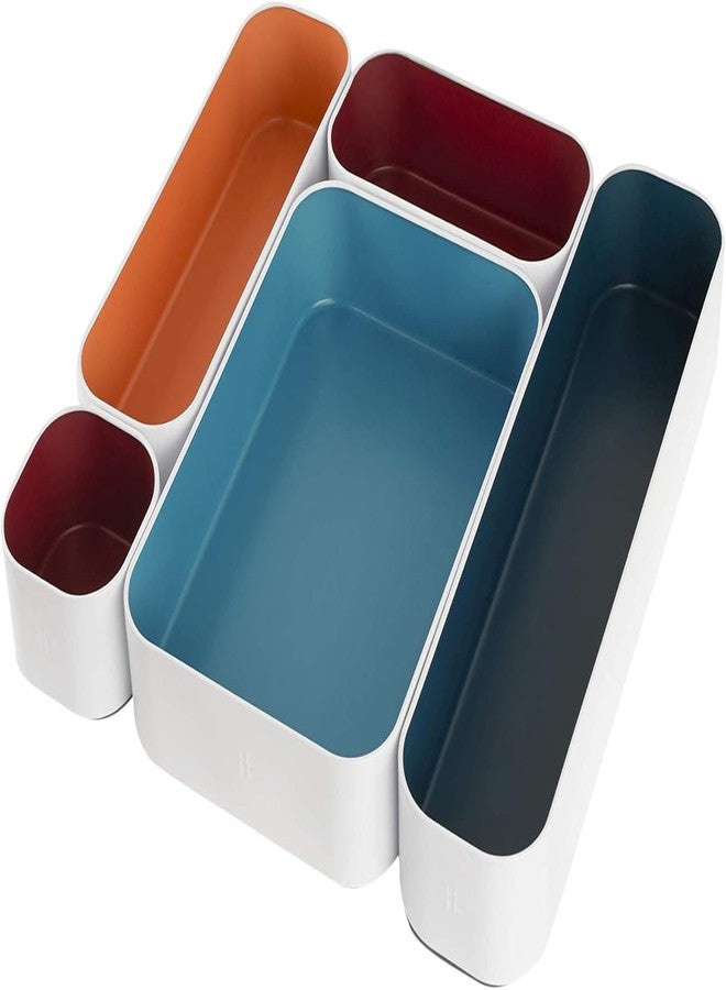 Three by Three Seattle 5 Piece Metal Organizer Tray Set for Storing Makeup, Stationery, Utensils, and More in Office Desk, Kitchen and Bathroom Drawers (2 Inch, Assorted Blue Berry and Sunset) - Image 1