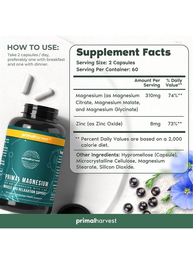 Primal Harvest 2 Pack, Magnesium Supplement Complex 310mg by Primal Harvest with Magnesium Glycinate, Citrate, Malate, and Zinc 120 Capsules  - Image 3