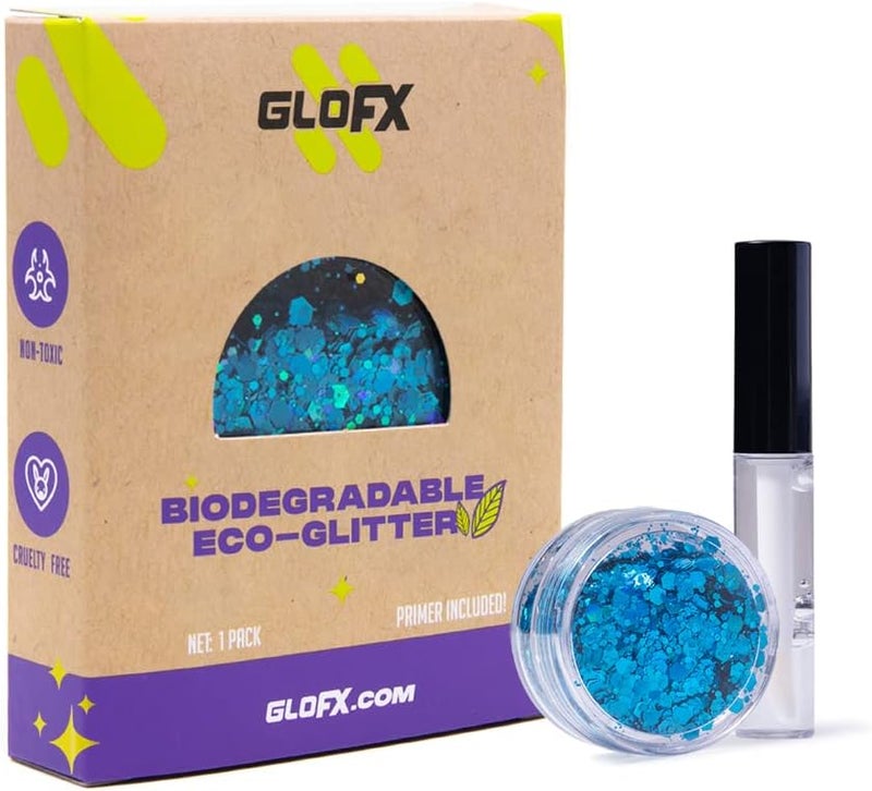 GloFX Blue Biodegradable Glitter Makeup | Plant Based, Eco Friendly, Hair Glitter, Face Glitter or Body Glitter | Cosplay EDM Music Festival and Rave Makeup Accessory | 5 Grams of Chunky Glitter