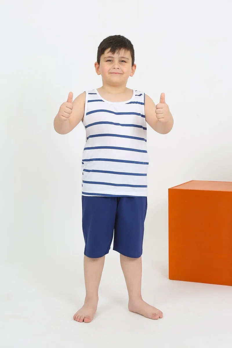Akbeniz Boy's White Combed Cotton Pajama Set with Zero Sleeve Shorts 20435