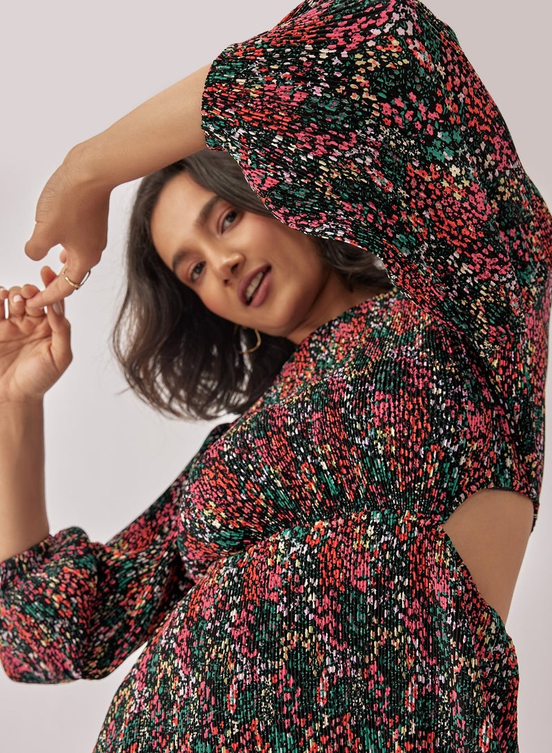 The Label Life Printed Cut-Out Detail Dress with Pleated Skirt - Image 3