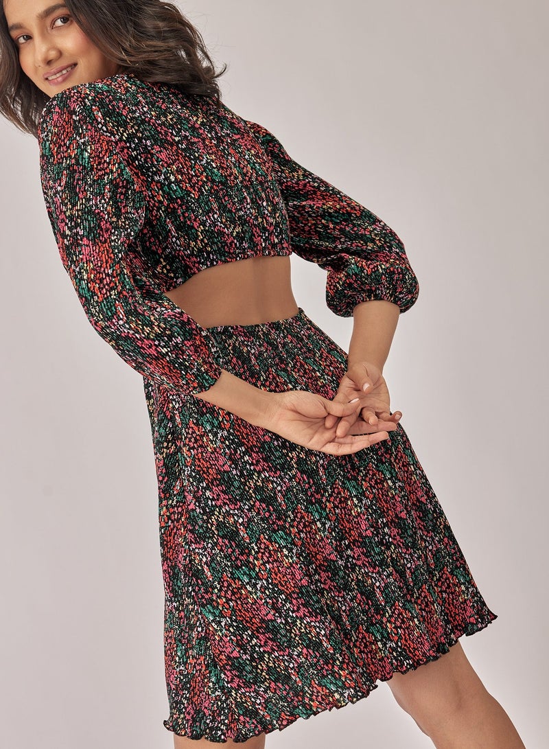 The Label Life Printed Cut-Out Detail Dress with Pleated Skirt - Image 4