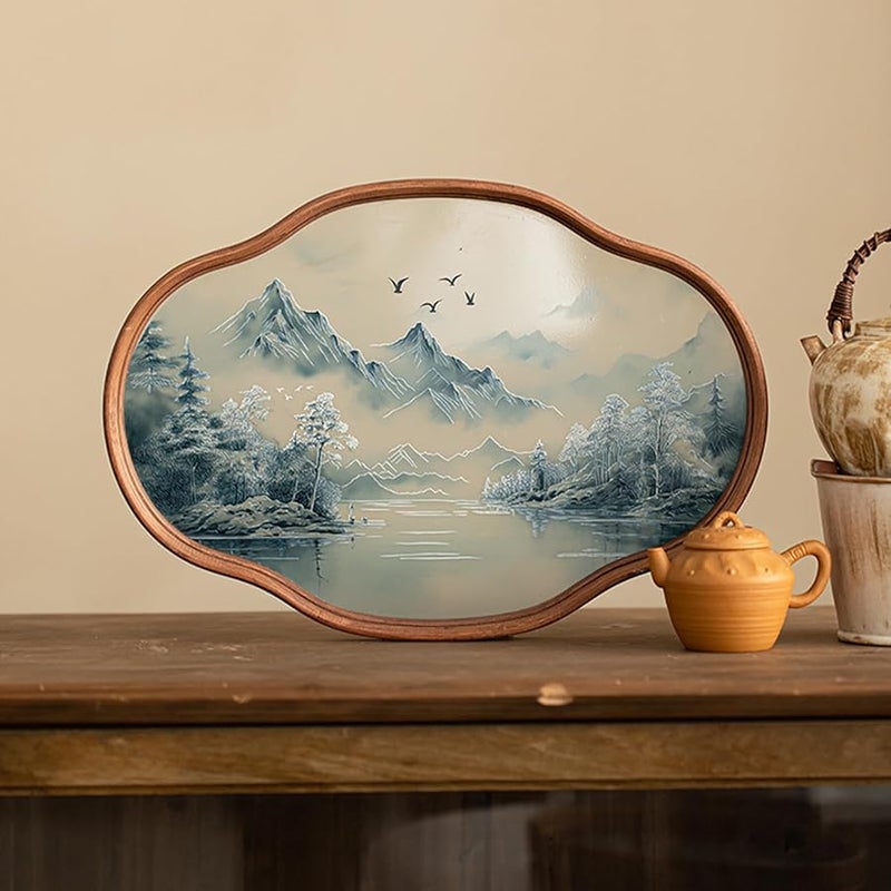 Glass Tea Tray Modern Serving Platter Chinese Painting Design Centerpiece for Living Room Kitchen Cafe - Image 3