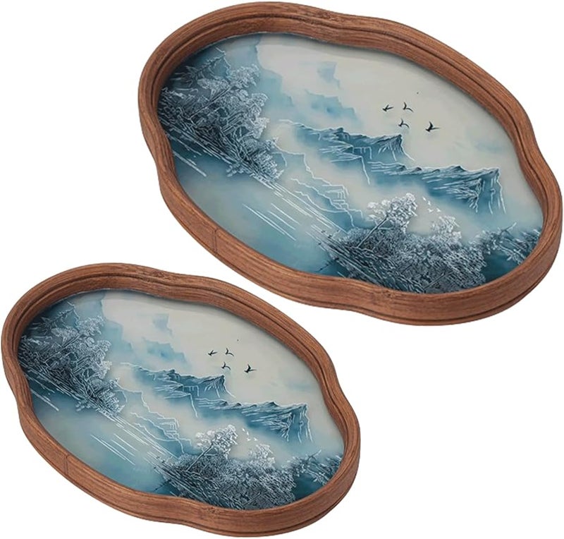 Glass Tea Tray Modern Serving Platter Chinese Painting Design Centerpiece for Living Room Kitchen Cafe - Image 1