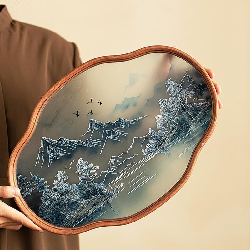 Glass Tea Tray Modern Serving Platter Chinese Painting Design Centerpiece for Living Room Kitchen Cafe - Image 5