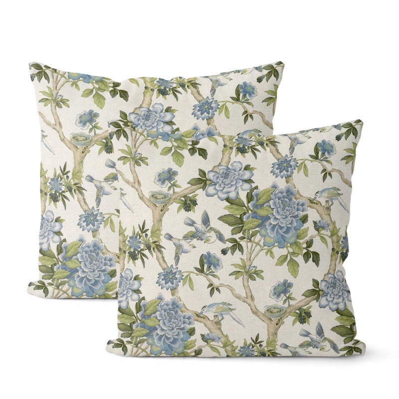 Sorktse Chinoiserie Pillow Covers 18x18 Inch Set of 2 Blue Green Floral Bird Throw Pillows Vintage Chinoiserie Flower Pillowcases Linen Outdoor Decor Cushion Covers for Bedroom Couch Sofa - Image 1