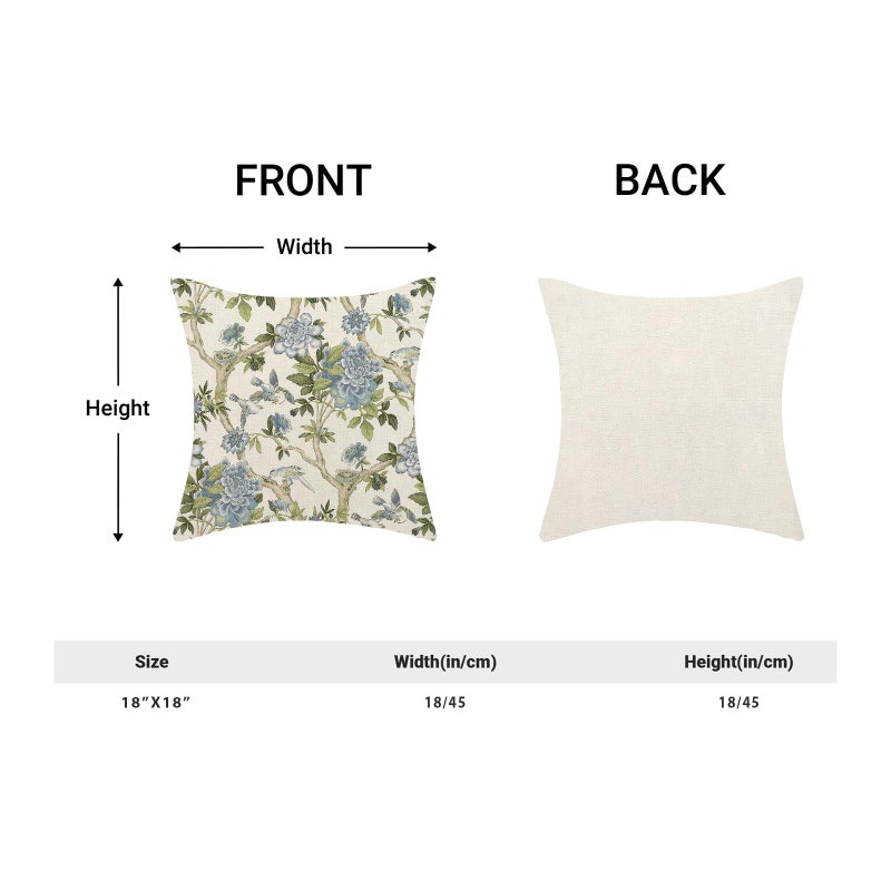 Sorktse Chinoiserie Pillow Covers 18x18 Inch Set of 2 Blue Green Floral Bird Throw Pillows Vintage Chinoiserie Flower Pillowcases Linen Outdoor Decor Cushion Covers for Bedroom Couch Sofa - Image 3