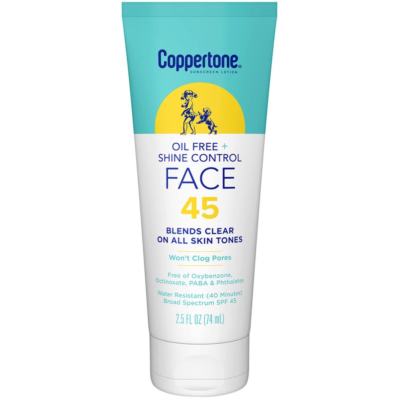 Coppertone Oil Free + Shine Control Sunscreen Face Lotion SPF 45, Lightweight Sunscreen for All Skin Tones, Won't Clog Pores, Fragrance Free, 2.5 Fl Oz Tube - Image 1