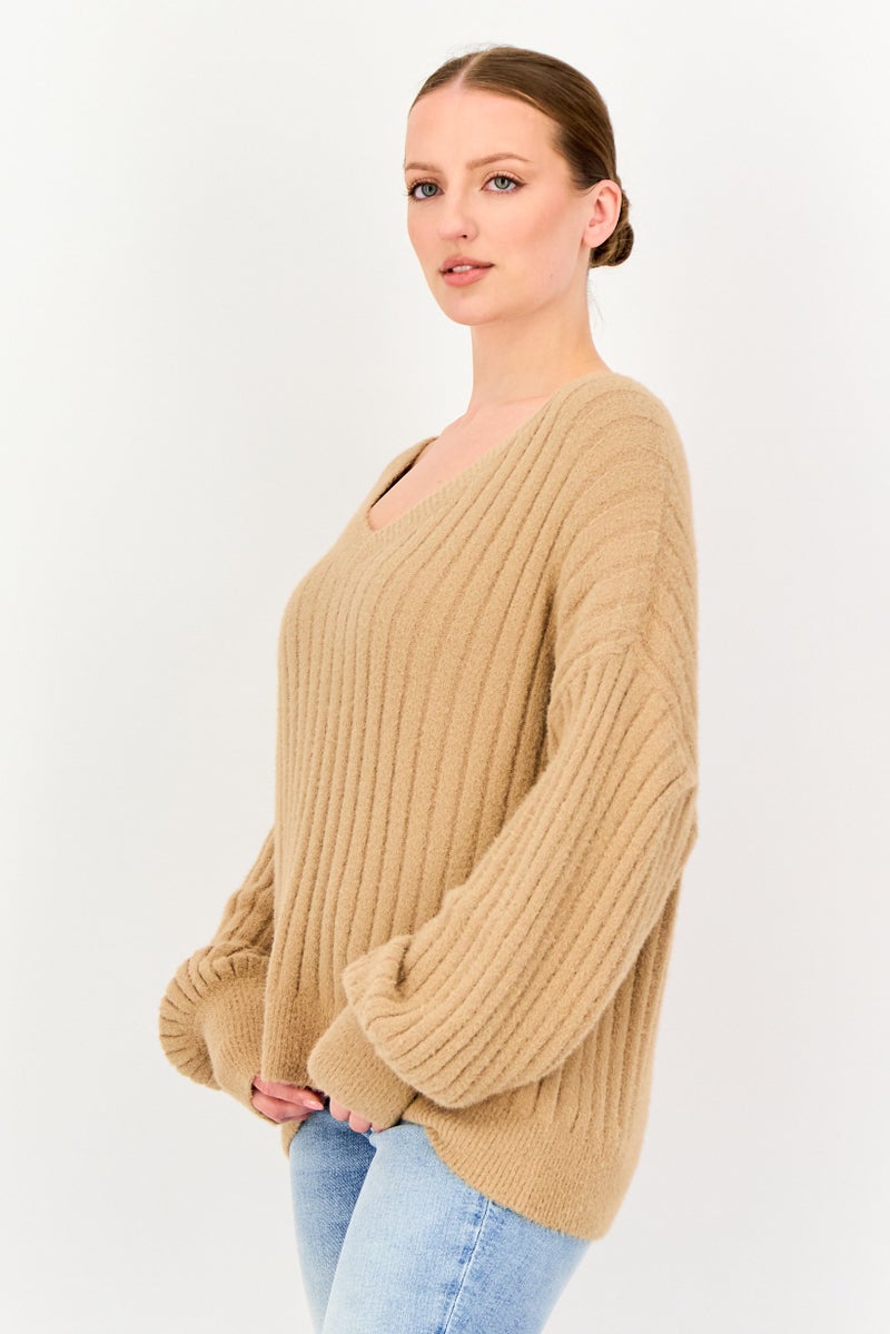 Aerie Women V-Neck Knitted Sweater, Tan - Image 4
