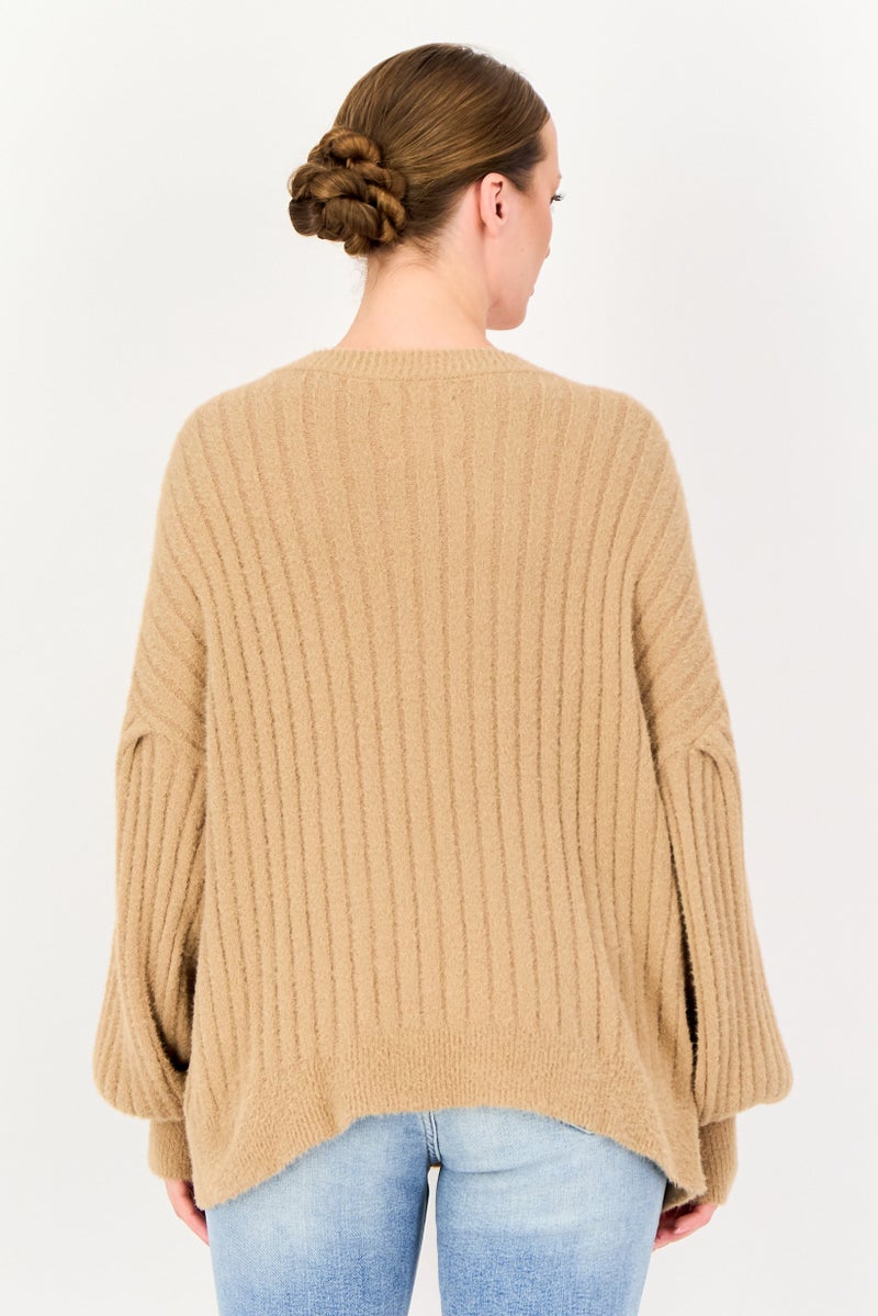 Aerie Women V-Neck Knitted Sweater, Tan - Image 2