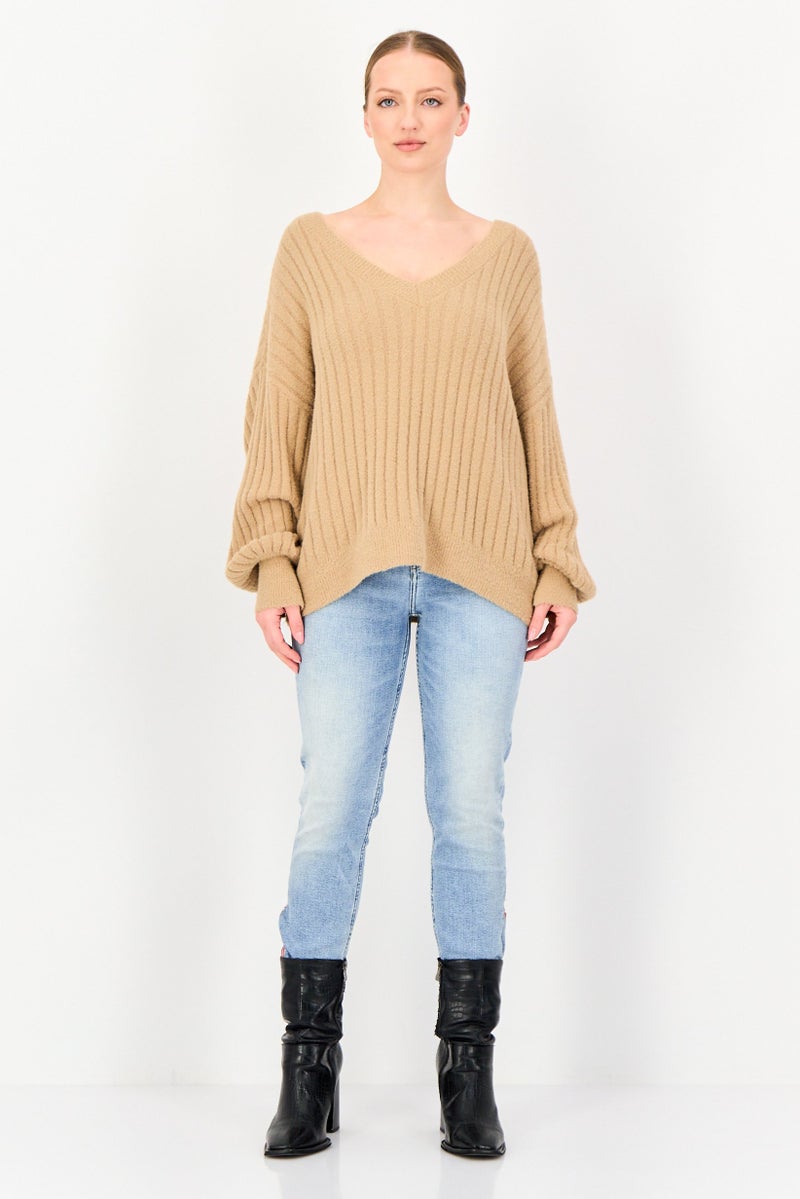 Aerie Women V-Neck Knitted Sweater, Tan - Image 3