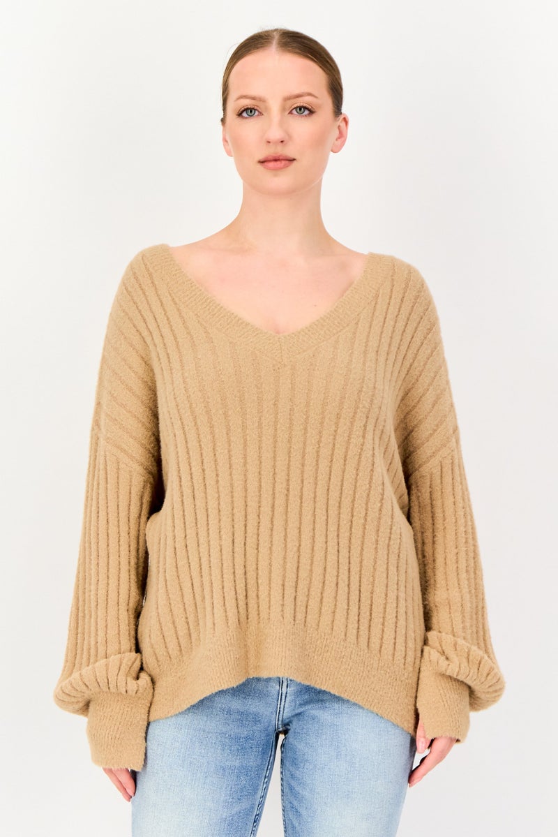 Aerie Women V-Neck Knitted Sweater, Tan - Image 1