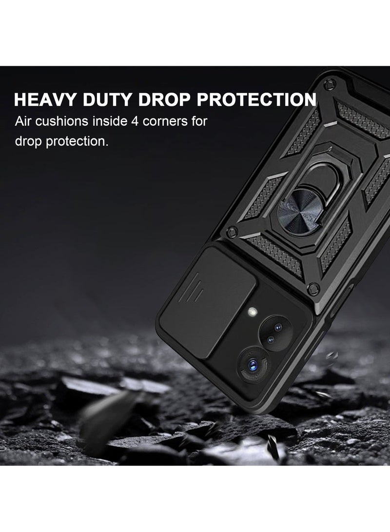 Mmmon Compatible with Motorola G84 5G Case with Slide Camera Lens Cover, Shockproof Protection Cover with Rotate Ring Kickstand Case For Motorola G84 5G(Black) - Image 3