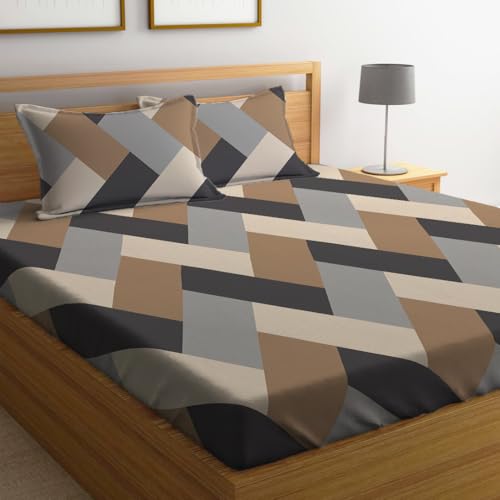 LOOMLYFE 300 TC Cotton Feel Glace Cotton Elastic Fitted Printed Queen Size Double Bed Bedsheet with 2 Pillow Covers Fits Upto 8 inches,Size- 60x78x10 Inches, BrownGreyCross - Image 1