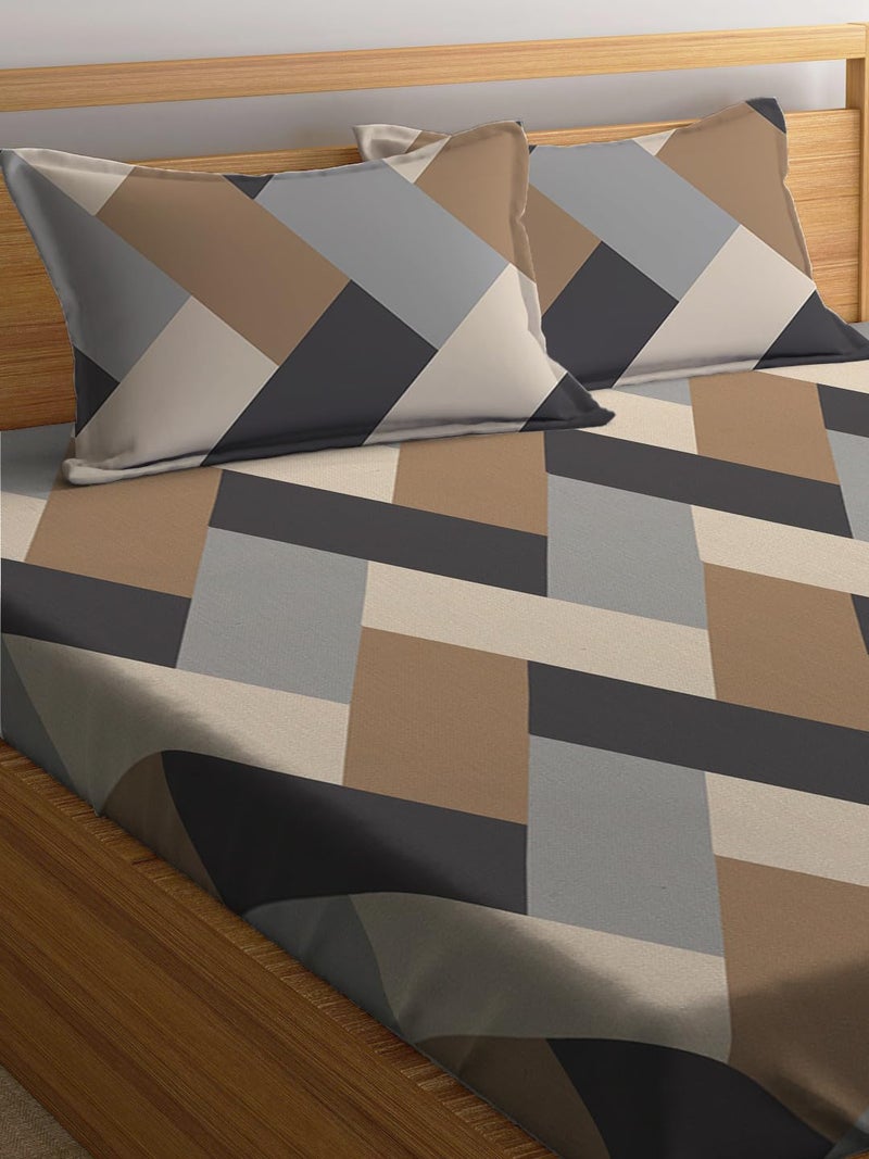LOOMLYFE 300 TC Cotton Feel Glace Cotton Elastic Fitted Printed Queen Size Double Bed Bedsheet with 2 Pillow Covers Fits Upto 8 inches,Size- 60x78x10 Inches, BrownGreyCross - Image 2