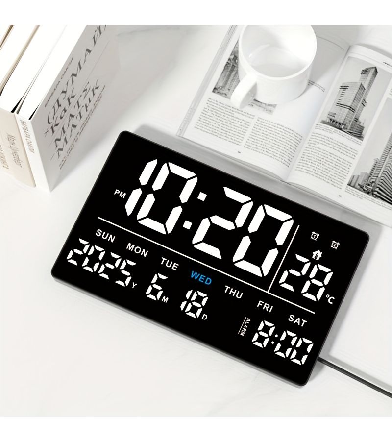 A Large 14.5 Inch Modern Square Digital Clock With Wall Mount Or Freestanding Options Displays Temperature Date Calendar And Month Blue And White Three Brightness Levels Suitable For Various Settings - Image 1