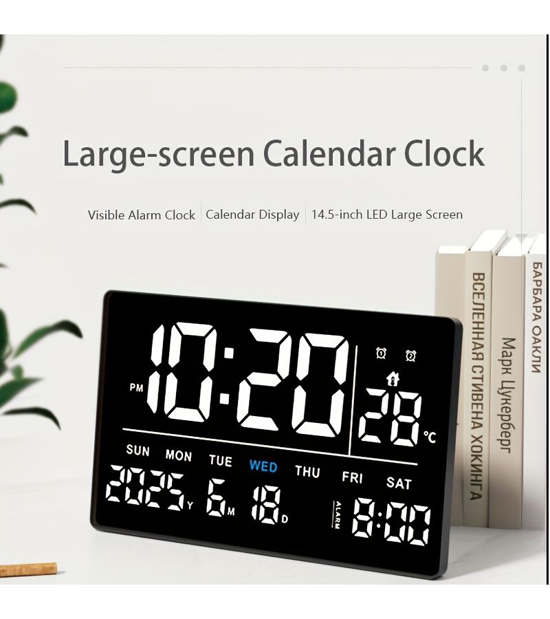A Large 14.5 Inch Modern Square Digital Clock With Wall Mount Or Freestanding Options Displays Temperature Date Calendar And Month Blue And White Three Brightness Levels Suitable For Various Settings - Image 2