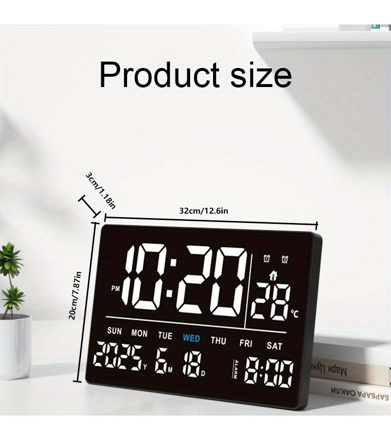 A Large 14.5 Inch Modern Square Digital Clock With Wall Mount Or Freestanding Options Displays Temperature Date Calendar And Month Blue And White Three Brightness Levels Suitable For Various Settings - Image 4