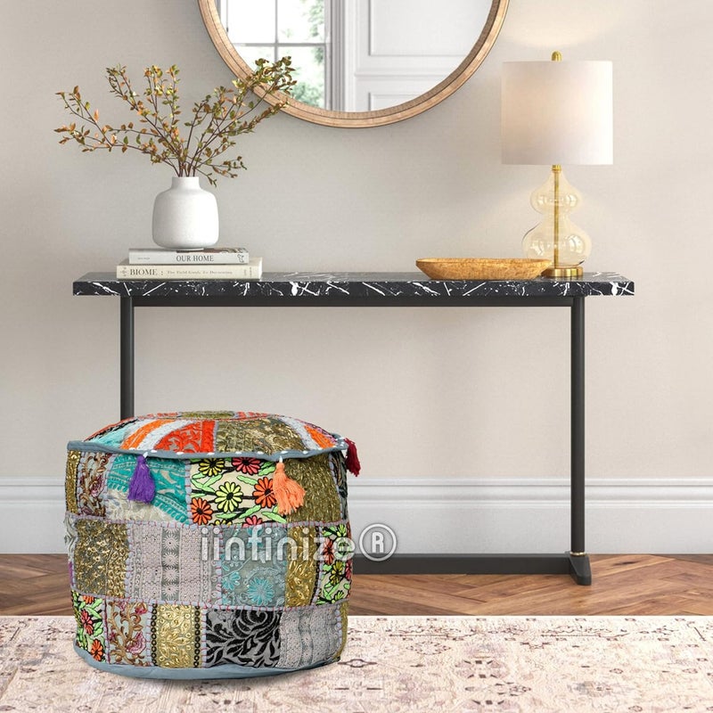 iinfinize Indian Embroidered Patchwork Pouff Cover Handmade 16 Inch Round Pouf Ottoman Footstool Seat Cover Puff Ethnic Designs Home Decorative Pouf Cover Gray - Image 3