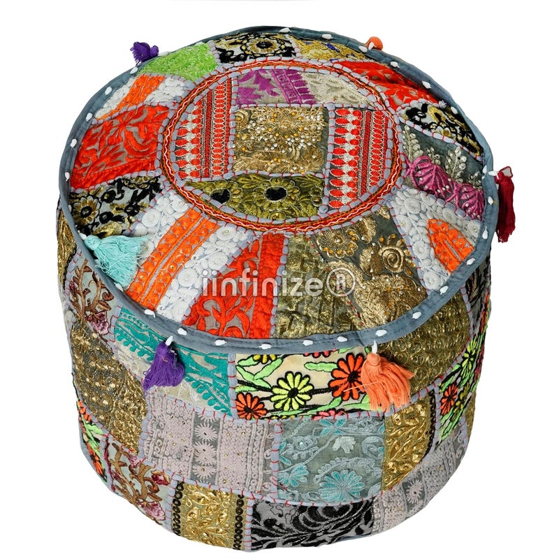 iinfinize Indian Embroidered Patchwork Pouff Cover Handmade 16 Inch Round Pouf Ottoman Footstool Seat Cover Puff Ethnic Designs Home Decorative Pouf Cover Gray - Image 4