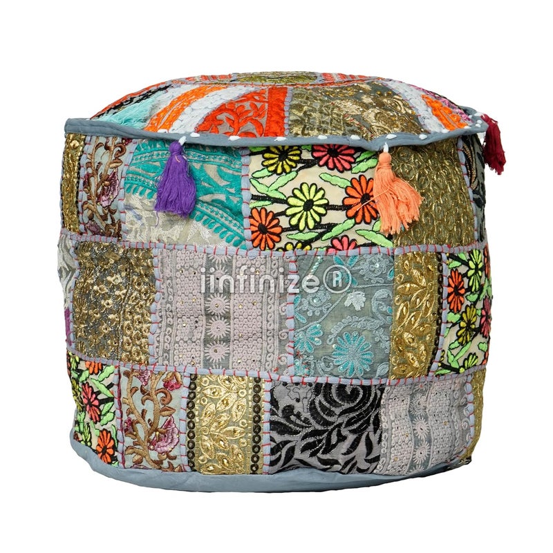 iinfinize Indian Embroidered Patchwork Pouff Cover Handmade 16 Inch Round Pouf Ottoman Footstool Seat Cover Puff Ethnic Designs Home Decorative Pouf Cover Gray - Image 1