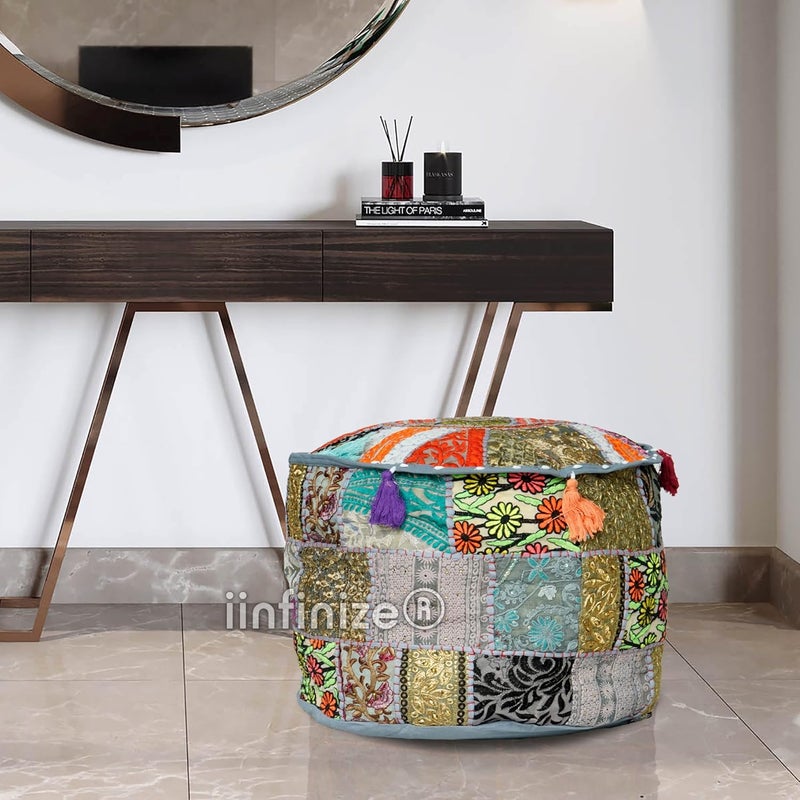 iinfinize Indian Embroidered Patchwork Pouff Cover Handmade 16 Inch Round Pouf Ottoman Footstool Seat Cover Puff Ethnic Designs Home Decorative Pouf Cover Gray - Image 2