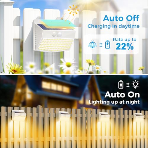Peasur 6 Packs Solar Outdoor Lights Motion Sensor Solar Security Lights Waterproof with 3 Lighting Modes Solar Powered Wall Lights Outside for Garden Fence Yard Deck Warm White - Image 3