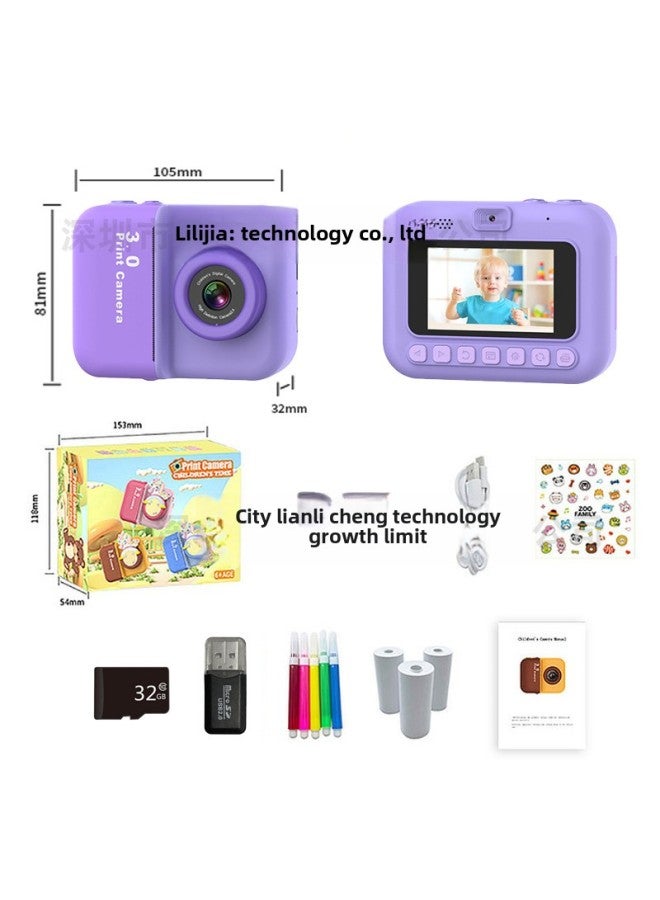 Generic Private Model Children's 3-inch Screen Print Camera Instant Portable HD Digital Camera-Color:Purple + 32g + Card Reader (dual Lens Without Lens Cap)  - Image 1