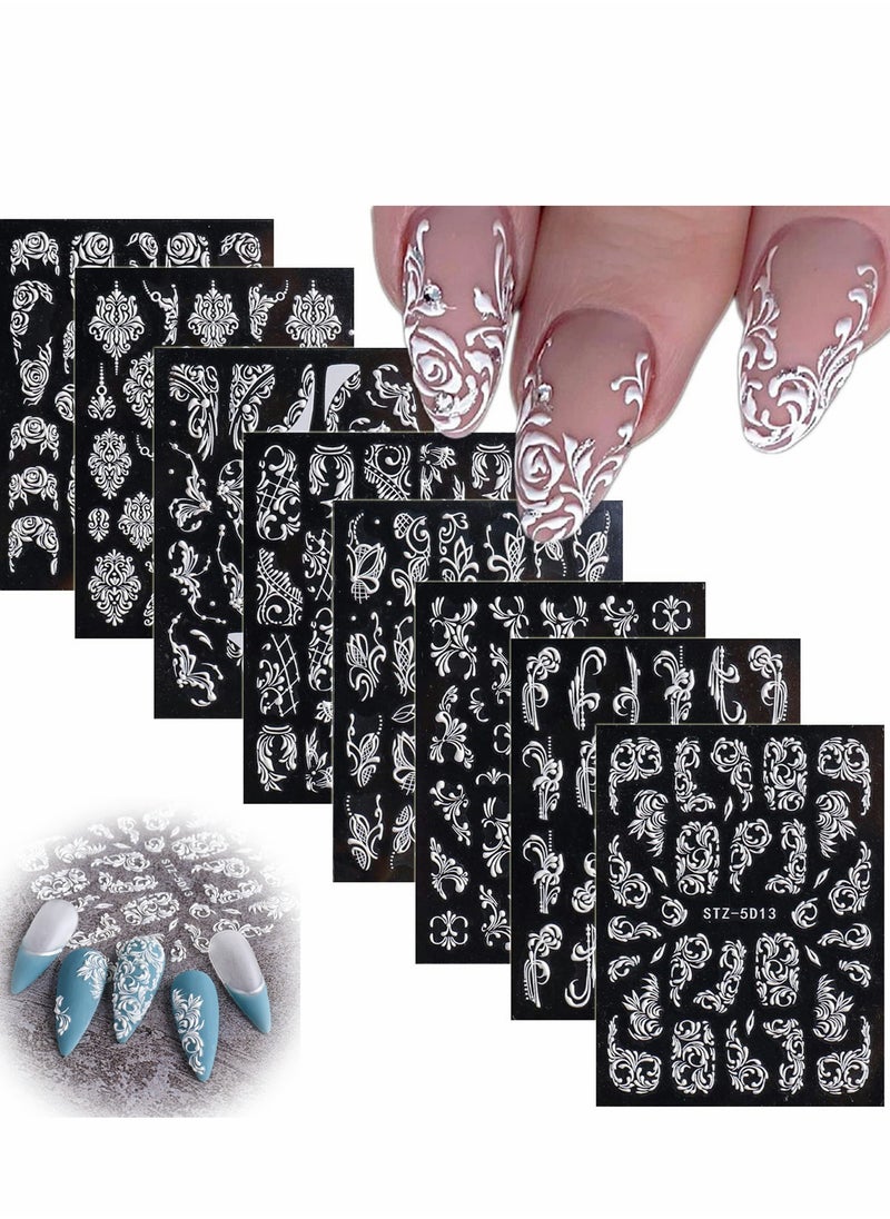 Excefore Nail Stickers, 8 Sheets Flower Art Stickers Decals, 5D Acrylic Engraved Sticker White Embossed Sliders Lace Wedding Hollow Design DIY for Women Girls  - Image 1