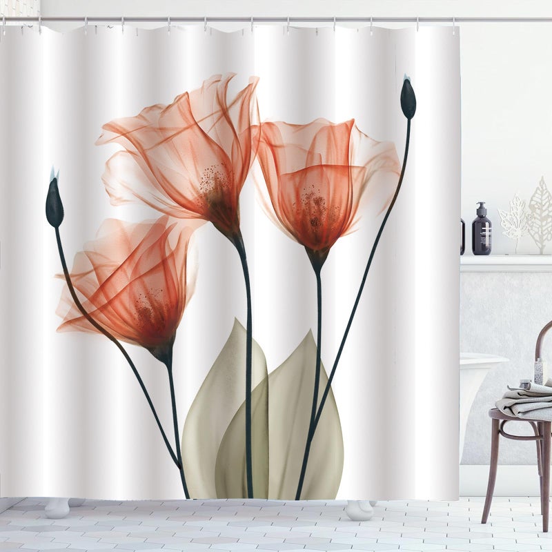 ZCHOMI Orange Floral Shower Curtain Watercolor Tulip Flower Shower Curtains for Bathroom Waterproof Polyester Fabric Bathroom Curtain 72 x 72 Inch with 12 Hooks - Image 3