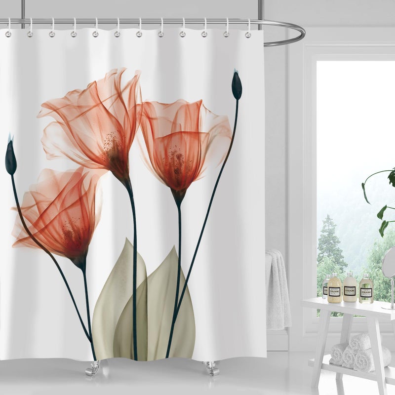 ZCHOMI Orange Floral Shower Curtain Watercolor Tulip Flower Shower Curtains for Bathroom Waterproof Polyester Fabric Bathroom Curtain 72 x 72 Inch with 12 Hooks - Image 1