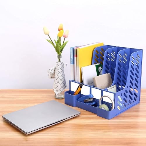 DIVHUK Desktop Bookshelf Magazine Organizer 4 Compartment Plastic Frames File Holder Dividers Document Cabinet Rack Storage Box for Office Home School (Blue- With Pen Stand) - Image 5