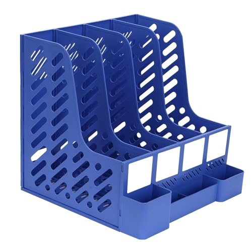 DIVHUK Desktop Bookshelf Magazine Organizer 4 Compartment Plastic Frames File Holder Dividers Document Cabinet Rack Storage Box for Office Home School (Blue- With Pen Stand) - Image 3