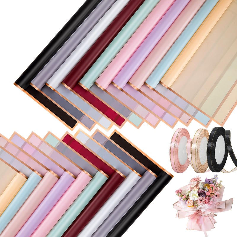 iMXPW 100 Sheets Flower Wrapping Paper with Pure Color Flower Bouquet Wrapping Paper for Waterproof DIY Crafts Packaging, 22.8x22.8 inch (10 Colors) with 3 Ribbons - Image 1
