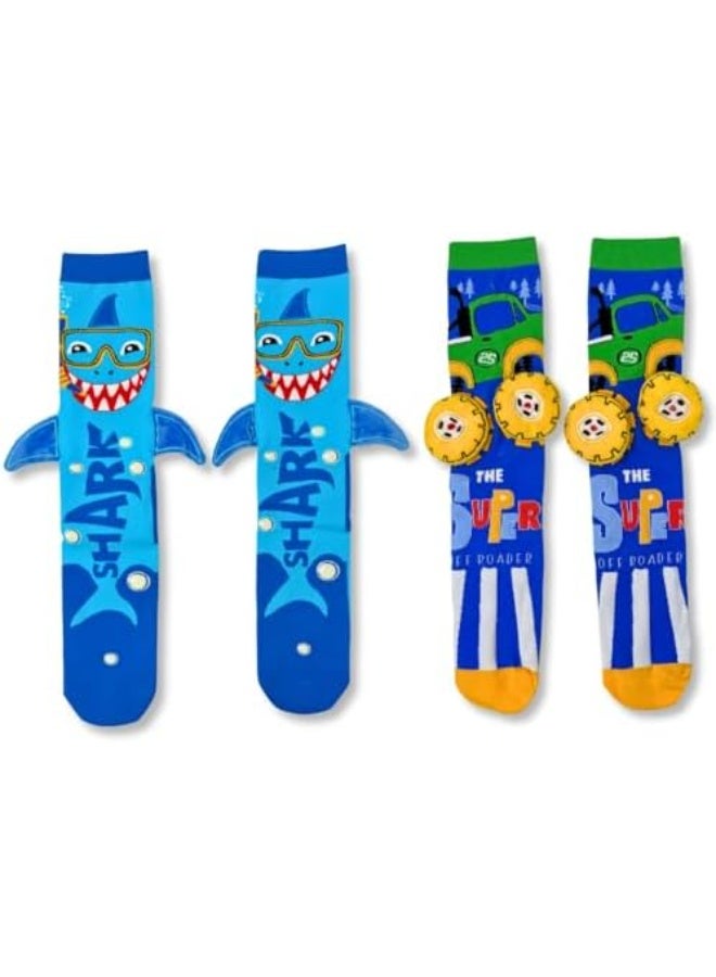 Glitters Kids 3D Novelty Knee-High Socks – 2 Pair Pack (Shark & Monster Truck) – Fun Character Socks with 3D Fins & Wheels – Soft, Stretchy & Comfortable Socks for Boys & Girls - Image 1