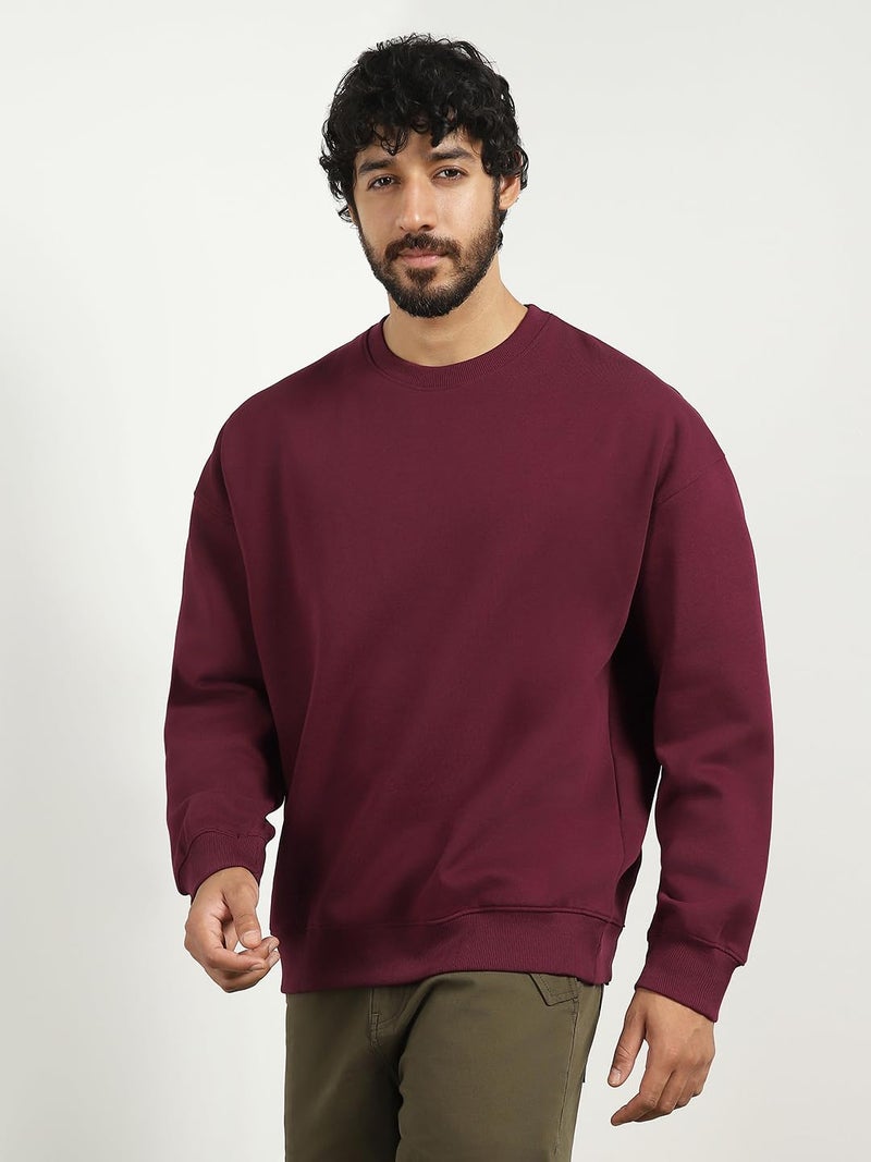 NOBERO Men's Cotton Blend Crew Neck Oversized Fit Sweatshirt (1M-TWSS-R0005_Maroon_Medium) - Image 3