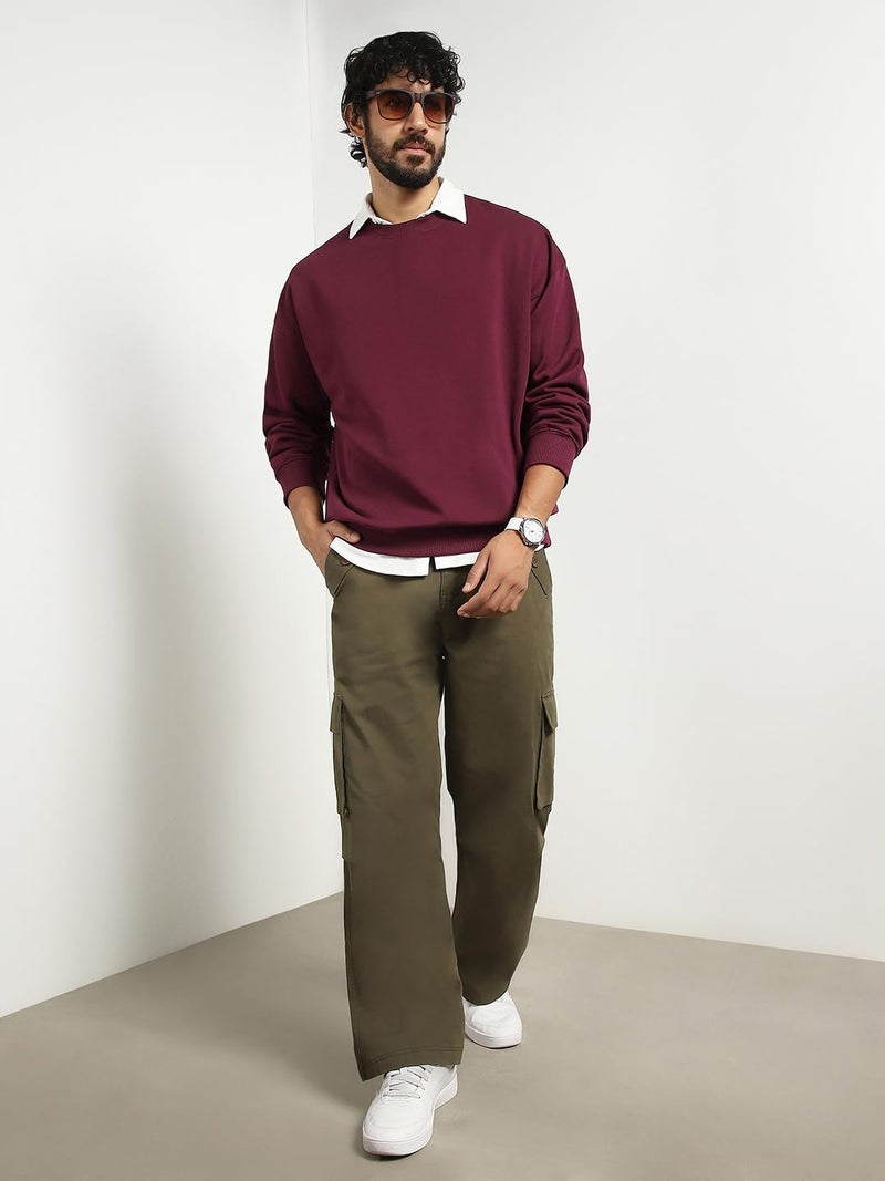 NOBERO Men's Cotton Blend Crew Neck Oversized Fit Sweatshirt (1M-TWSS-R0005_Maroon_Medium) - Image 2