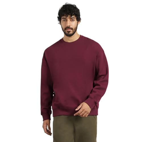 NOBERO Men's Cotton Blend Crew Neck Oversized Fit Sweatshirt (1M-TWSS-R0005_Maroon_Medium) - Image 1