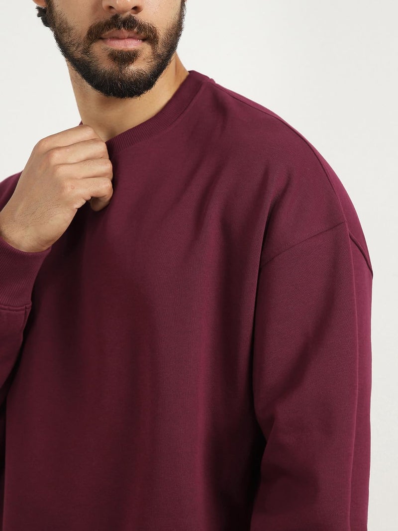 NOBERO Men's Cotton Blend Crew Neck Oversized Fit Sweatshirt (1M-TWSS-R0005_Maroon_Medium) - Image 5