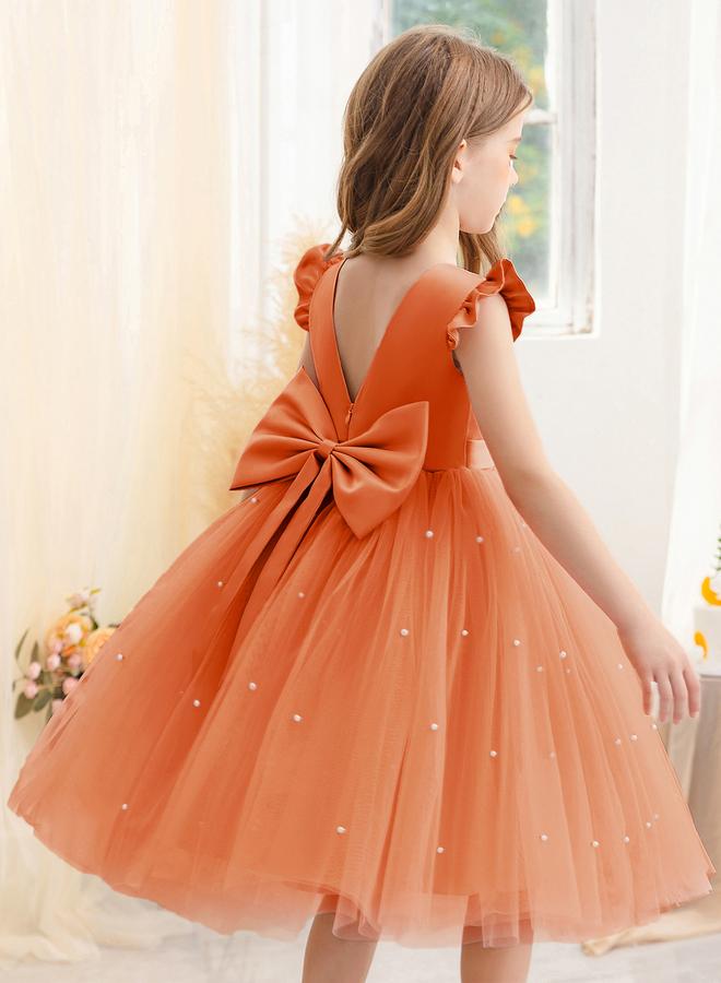 Take Two Girls Solid Bow Tie Deep V-Back Princess Party Dress - Image 3