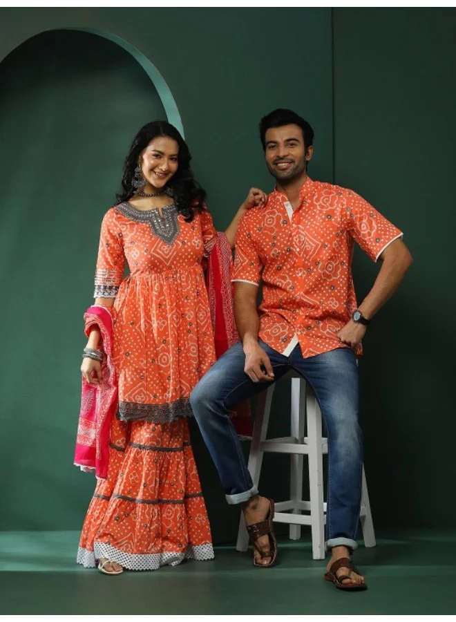 AKS Orange Bandhani Printed Nyra-cut Kurta & Sharara With Dupatta Set