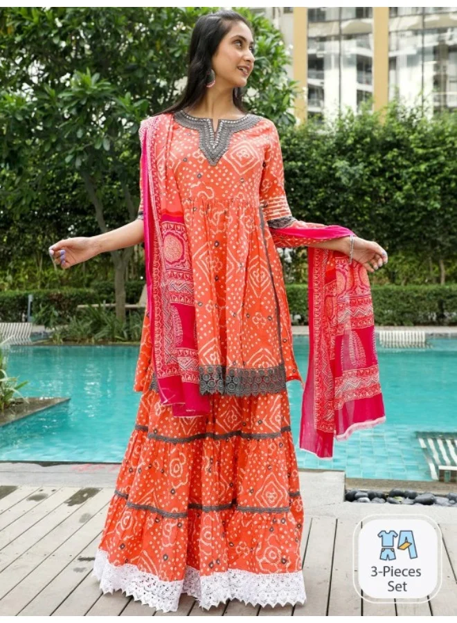 AKS Orange Bandhani Printed Nyra-cut Kurta & Sharara With Dupatta Set