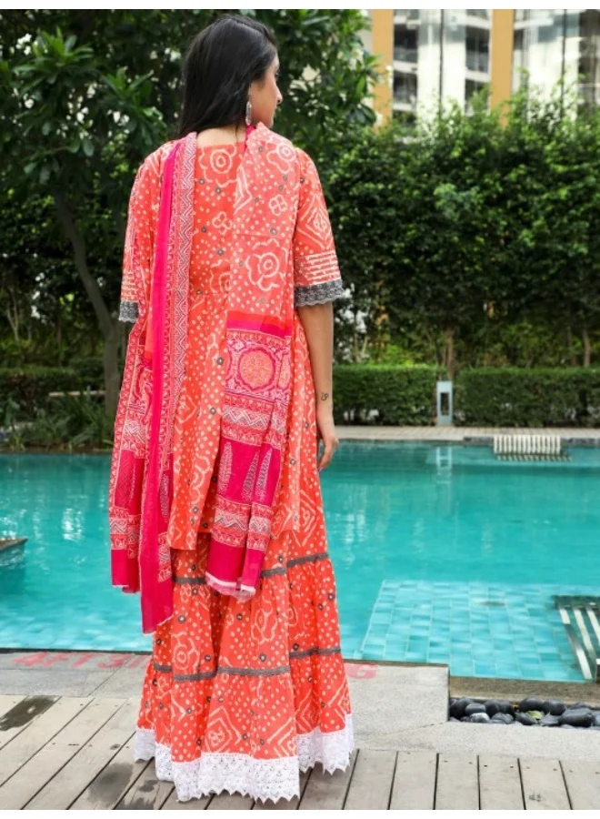 AKS Orange Bandhani Printed Nyra-cut Kurta & Sharara With Dupatta Set