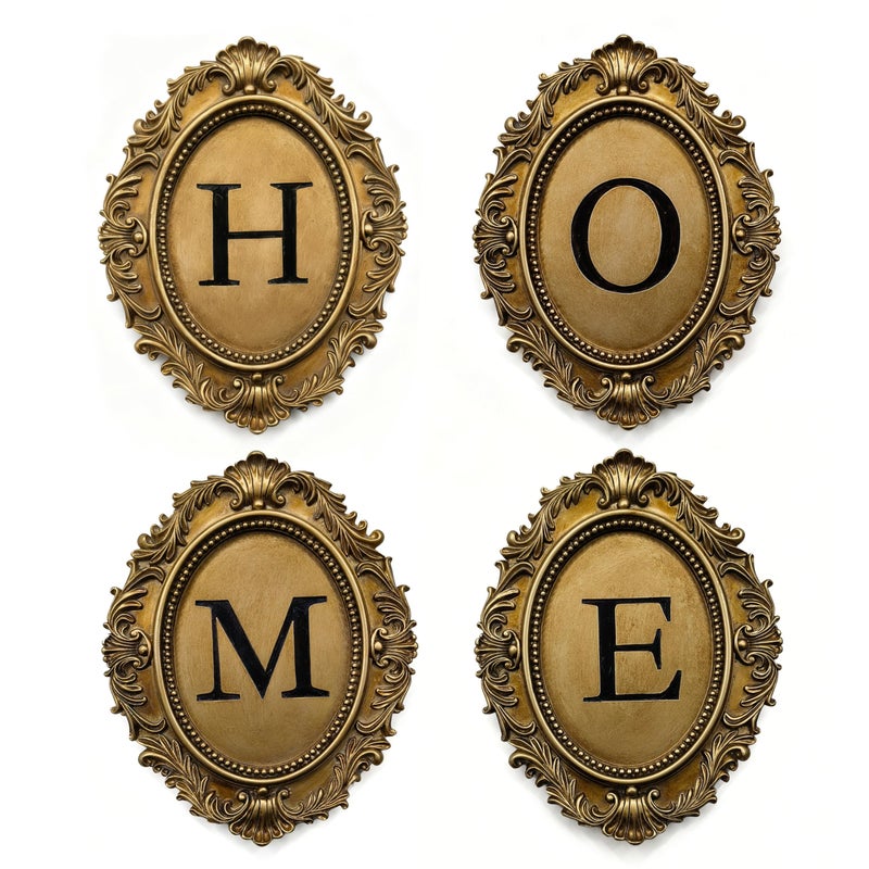 Stylor Vintage HOME Sign Gallery Wall Decor - Letters with Gold Frame Wall Sculpture, Antique Victoria Hanging Decor for Home Entryway, Oval Baroque Family Living Room Art - Image 1
