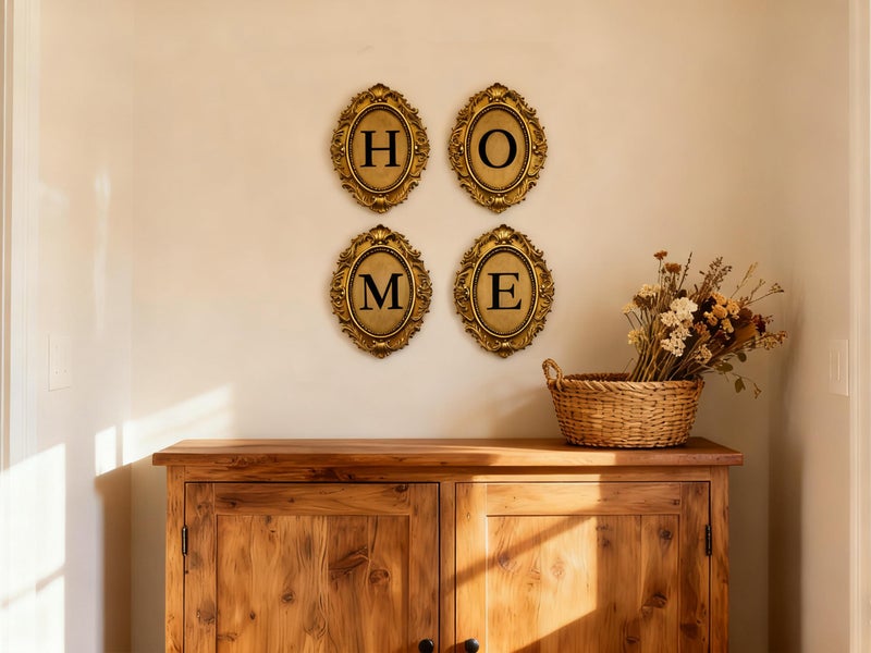 Stylor Vintage HOME Sign Gallery Wall Decor - Letters with Gold Frame Wall Sculpture, Antique Victoria Hanging Decor for Home Entryway, Oval Baroque Family Living Room Art - Image 5