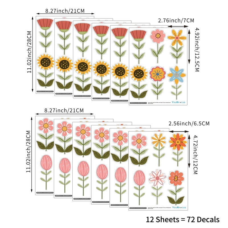 YouRfocus Boho Flower Wall Decals for Nursery & Kids Room â€“ Set of 72 Floral Wall Stickers, Removable Peel and Stick Boho Home Decor, Pastel Wall Art (12 Sheets) - Image 3