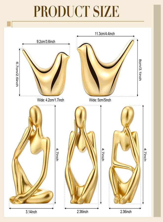 Qunclay 5 Pcs Gold Decor Accents Set Resin Thinker Statue Small Bird Figurines Abstract Decorative Modern Collectible Sculpture for Home Office Bookshelf Living Room Desktop Decor(Gold) - Image 2