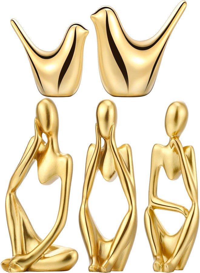 Qunclay 5 Pcs Gold Decor Accents Set Resin Thinker Statue Small Bird Figurines Abstract Decorative Modern Collectible Sculpture for Home Office Bookshelf Living Room Desktop Decor(Gold) - Image 1