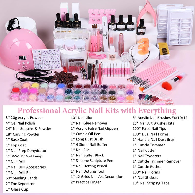 SWEET TREND Acrylic Nail Kit for Beginners: Professional Acrylic Powder Set with Everything for Starter Gel Nail Polish U V Light Nail Drill Full Tools Decoration for Home Salon Women - Image 2